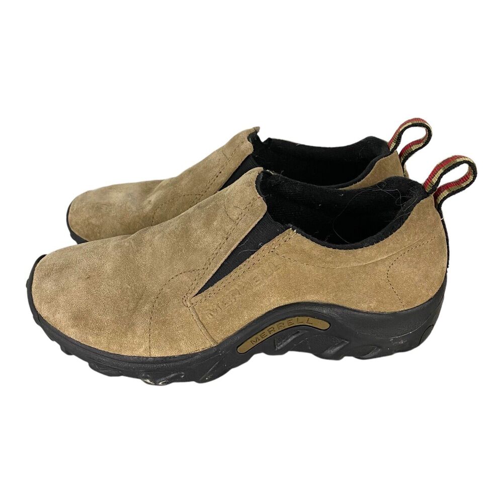 Merrell Kids Tan Suede Slip-On Moccasins with Black Trim and Heel Tabs